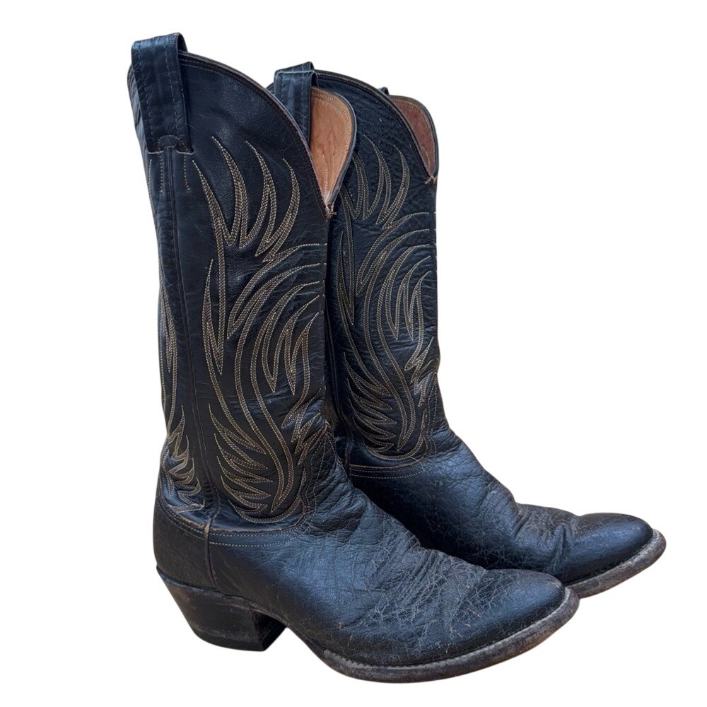 Vintage Nocona Black Leather Cowboy Boots, Preowned, Men's 9.5 B, GUC